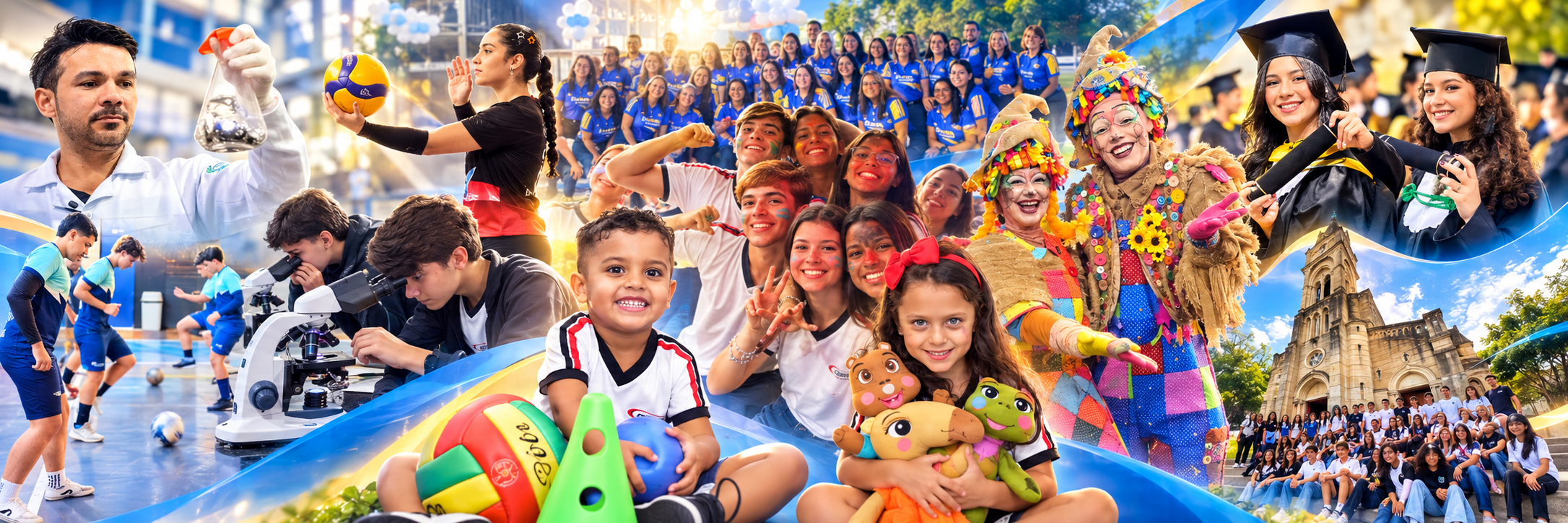 Colagem de atividades do Colégio Desafio em Goiânia com alunos, esportes, laboratório, eventos, projetos culturais, viagens e formaturas.